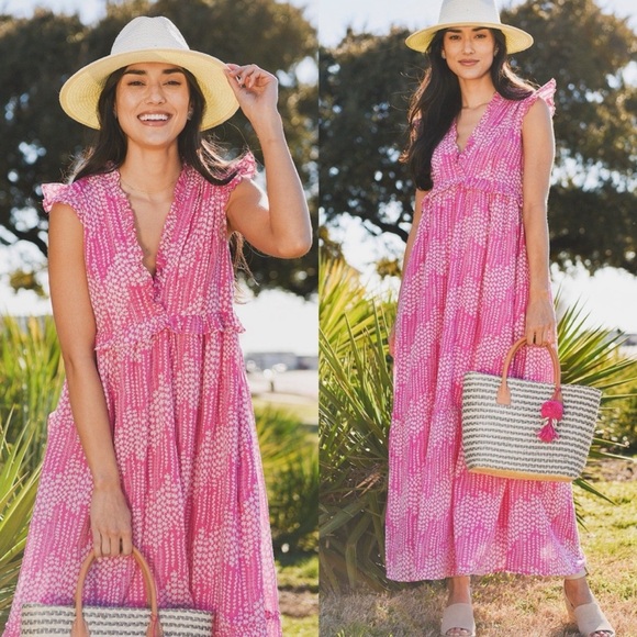 Banjanan Constance Pink Maiden Grass Raspberry Rose Midi Dress Size XS - Picture 1 of 13